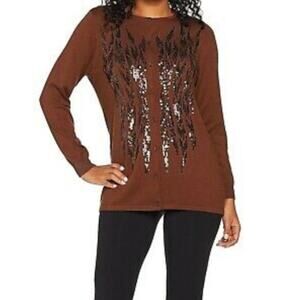Bob Mackie Chocolate Sequined Cotton Blend Knit Cardigan Sweater Size Medium